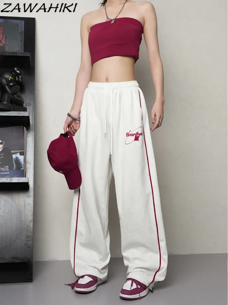 

American Hiphop Streetwear Gray Sporty Loose Pants Women Spring Summer New High Street Jazz Letter Print Chic Casual Trousers