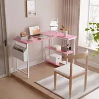 40 Inch L-Shaped Corner Desk with Reversible Shelves, Pink Home Office Study Table for Small Spaces 2