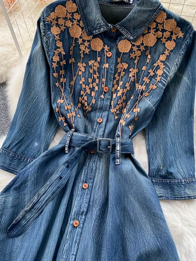 [ JEANS] Floral Button Belt Dress ★人気★ Fashion Women's Denim Button A-Line Dress Long Sleeve Korean