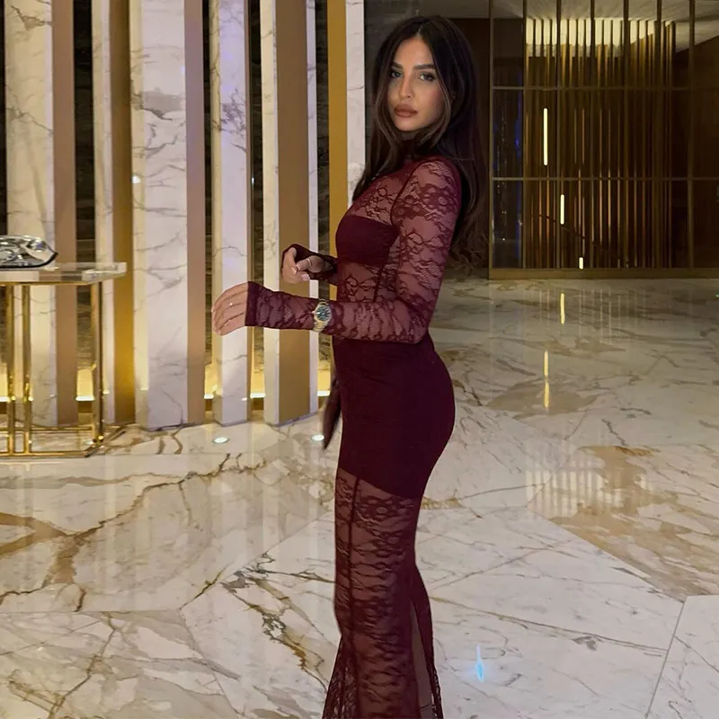 Vestidos largos sexis de encaje con retazos para mujer, vestido de fiesta ajustado con cuello alto y aberturas, vestido transparente ajustado para primavera 2025, nuevo