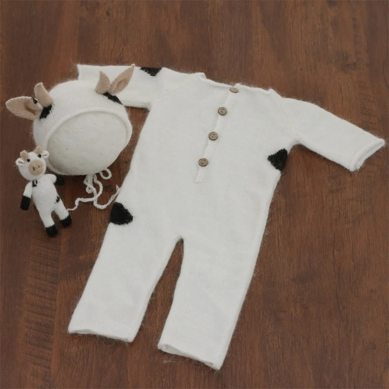 

3 Pcs Baby Knitting Cow Hat Animal for Doll Romper Set Handmade Crochet Mohair Bodysuit Newborn Photography