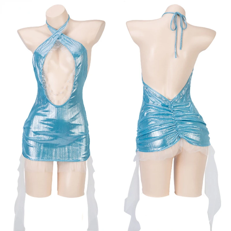 

Sexy Women Cross Halter Laser Backless Dress Uniform Chiffon Ribbon Hollow Nightdress Role Play Outfit Party Club Mini Dresses