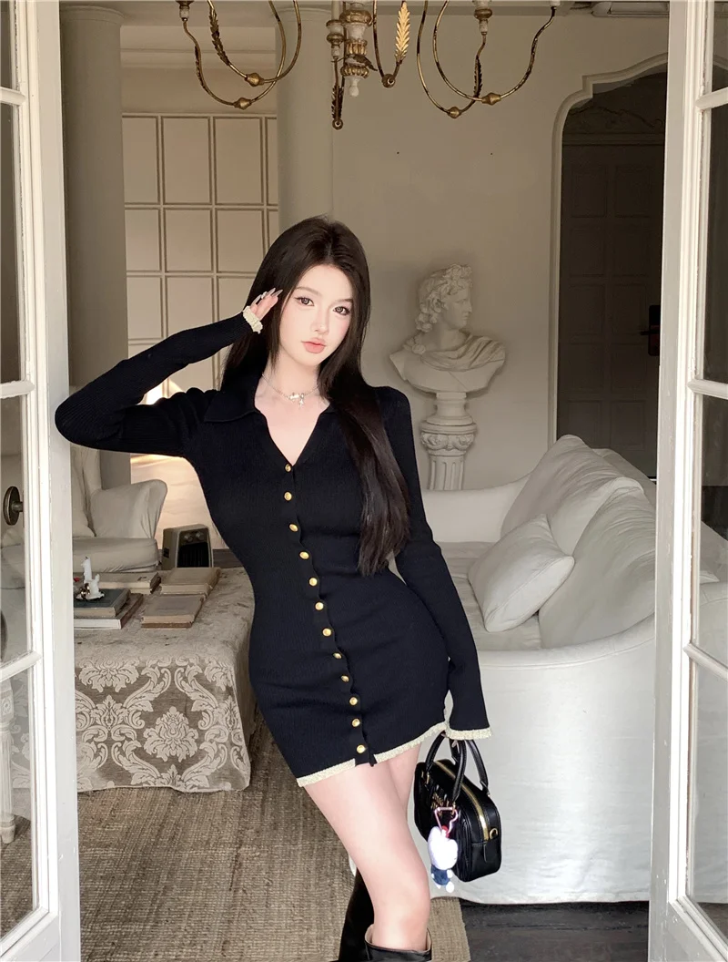Elegant Knitted Mini Dresses for Women V-neck Flare Sleeve Bodycon Slim Party Dress Korean Fashion New Short Vestidos Mujer