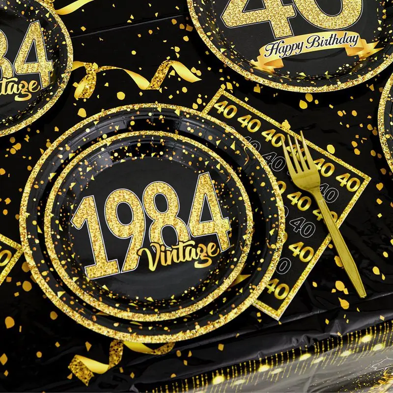 Set 40 Pezzi Per Festa Di Compleanno 40 Anni Vintage: Piatti E Tovaglioli In Carta, Nero E Oro, Per Uomo E Donna