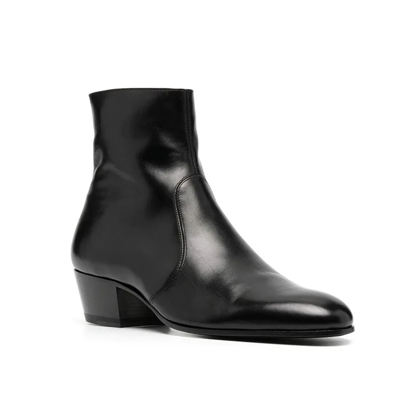 Genuine Leather Men Chelsea Boots Black Zipper Boots for Men Vintage Motorcycle Ankle