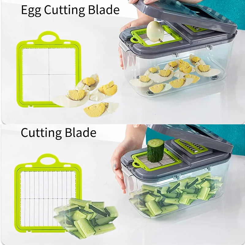 Vegetable Chopper, Multifunctional Mandoline Slicer, Manual Julienne Slicer  With 14 In 1 Interchangeable Blades Colander Basket & Container-gray
