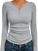Fashionable Women's Long Sleeve Slim Fit Autumn 2025 Henry Collar T-Shirt Ribbed Basic Style Top for Ladies - Image 5