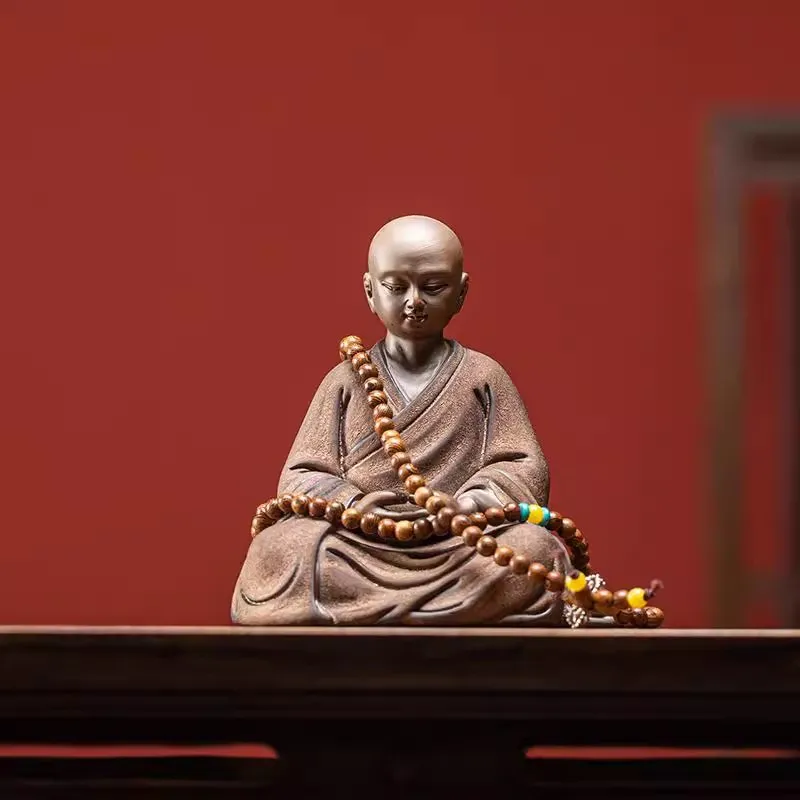 Ceramic Little Monk Sculpture, Purple Sand Art, Desktop Decorative Figure Statue, High-End, Home, Office, Tea Room, Retro Style