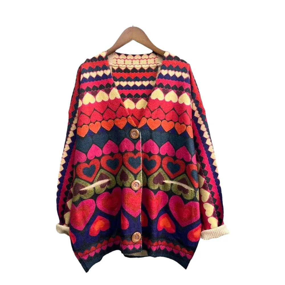 여성용 V넥 칼라 모조 밍크 벨벳 스웨터, 느슨한 빈티지 꽃 프린트, 오픈 스티치 니트 탑, 가을 겨울