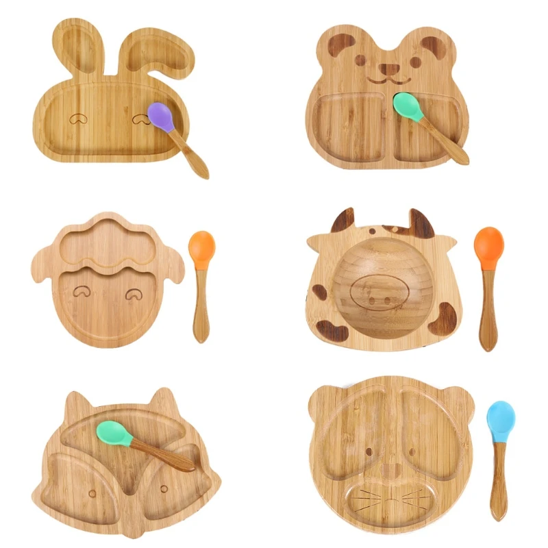 

Y1UB Baby Infants Natural Bamboo Bowl Spoon Set Cartoon Animal Divided Dinner Plate