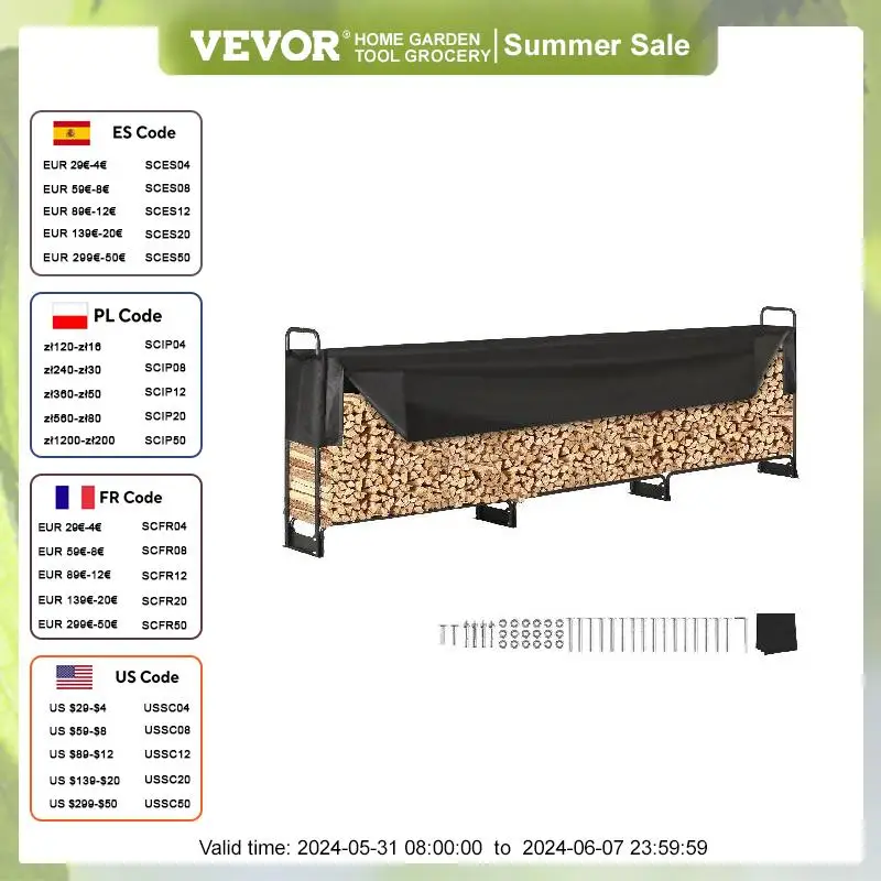 

VEVOR Outdoor Firewood Rack with Cover Heavy Duty Firewood Holder With Waterproof Cover for Fireplace Patio Log Storage Rack