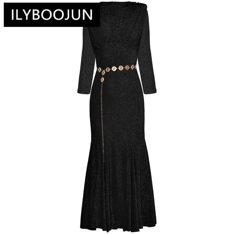 

ILYBOOJUN Fashion Women's V-Neck Three Quarter Sleeved Lace-Up High-Waisted Sparkly Stretch Mid-Length Hip Wrap Fishtail Dress