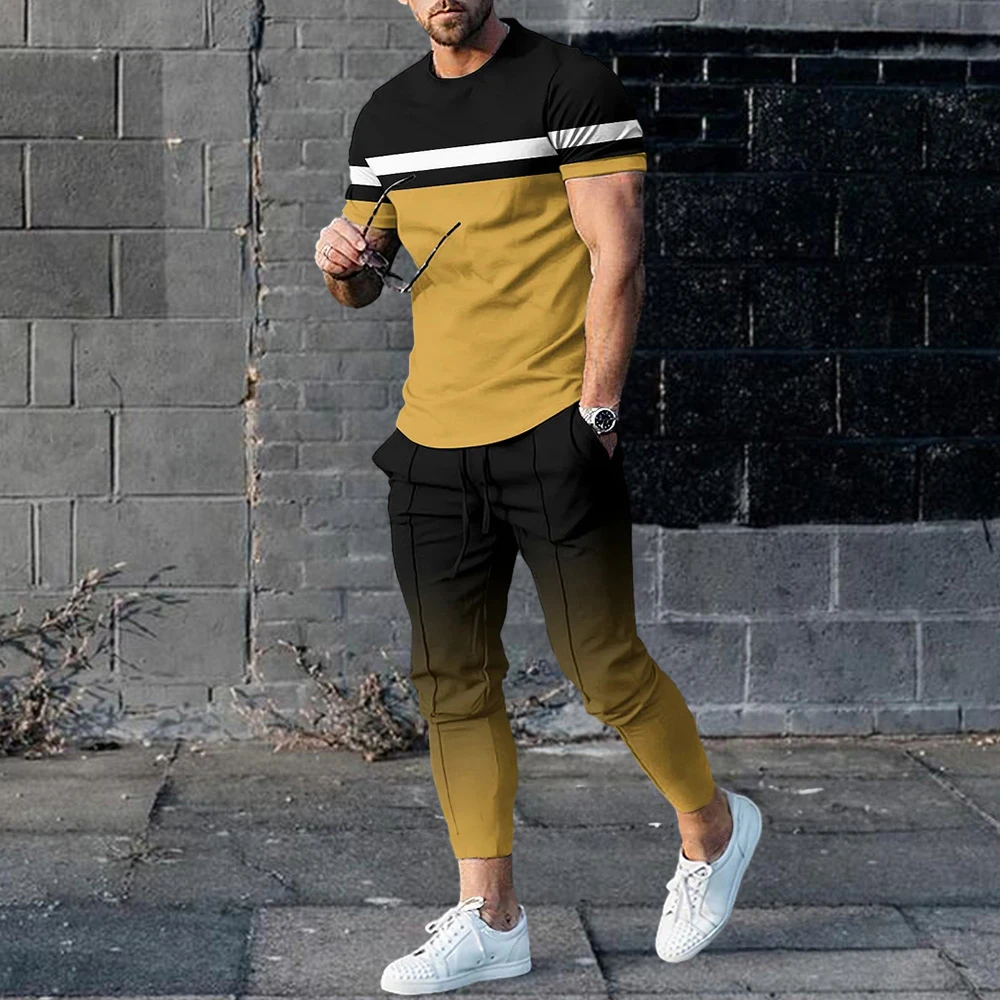 Summer Tracksuits Men's Suit Casual Trousers Set Print Stripe Short Sleeve T Shirt Round Neck Men Clothing 2 Piece Outfits 6