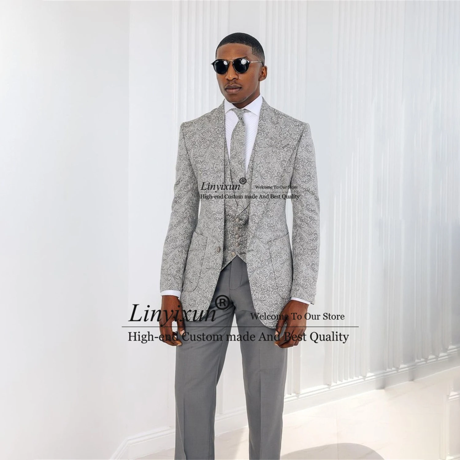 

Костюм жаккардовый унисекс, блейзер и брюки для выпускного вечера, с заостренным лацканом, серого цвета, 3 предмета