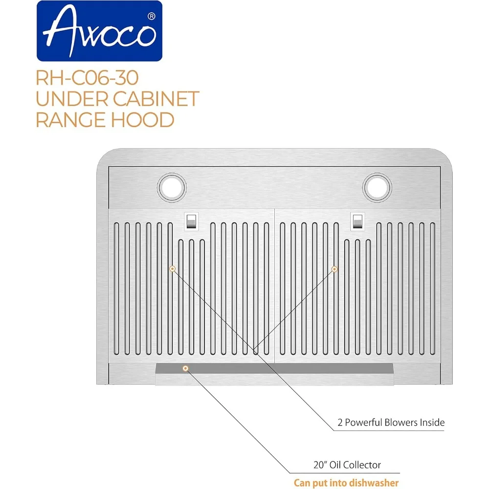 RH-C06-30 Classic 6" High Stainless Steel Under Cabinet 4 Speeds 900CFM Range Hood with 2 LED
