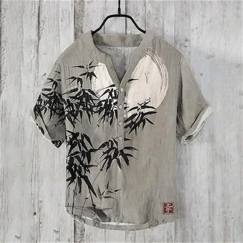 New Hawaiian men's linen shirt V-neck short sleeved shirt 3D digital printed casual loose men's shirt 5
