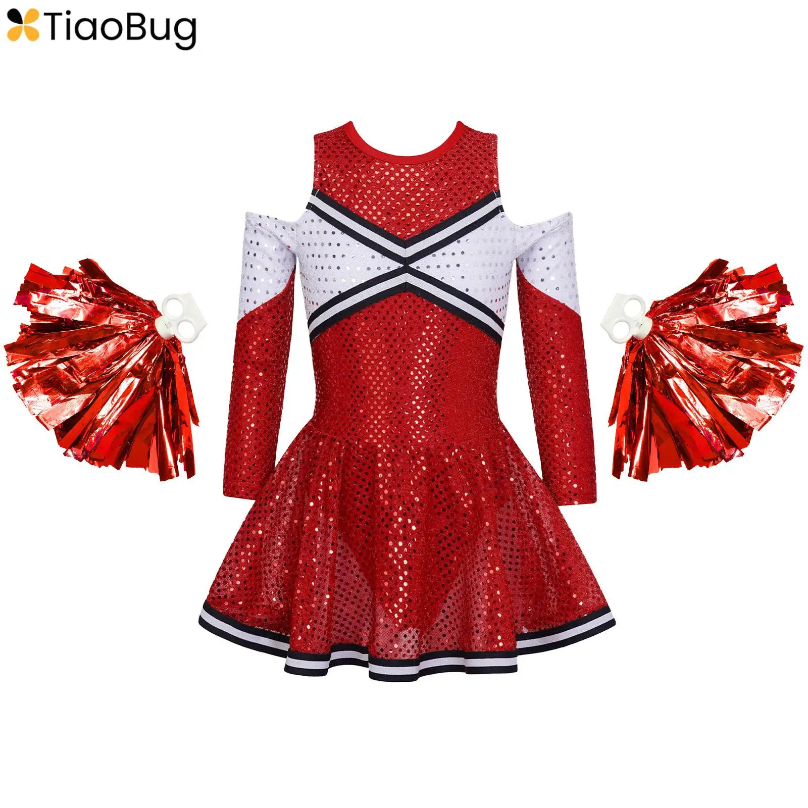 

Kids Girls Cheerleader Costume Cheerleading Team Uniform High School Sequin Long Sleeve Dress Carnival Dance Outfit and Pom Poms