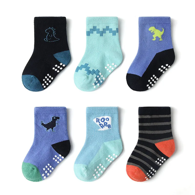6 Pairs Kids Non-Slip Socks Cute Cartoon Dinosaur Pattern Boys Floor Socks Comfortable Breathable for Toddler Learning to Walk 2
