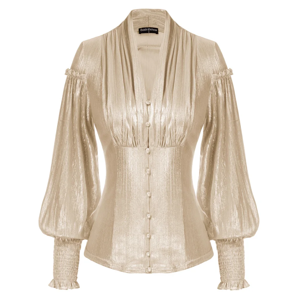 SD Women Renaissance Shiny Metallic-Like Shirt Long Lantern Sleeve Button-up Tops Solid V-neck Victorian Steampunk Blouse A30