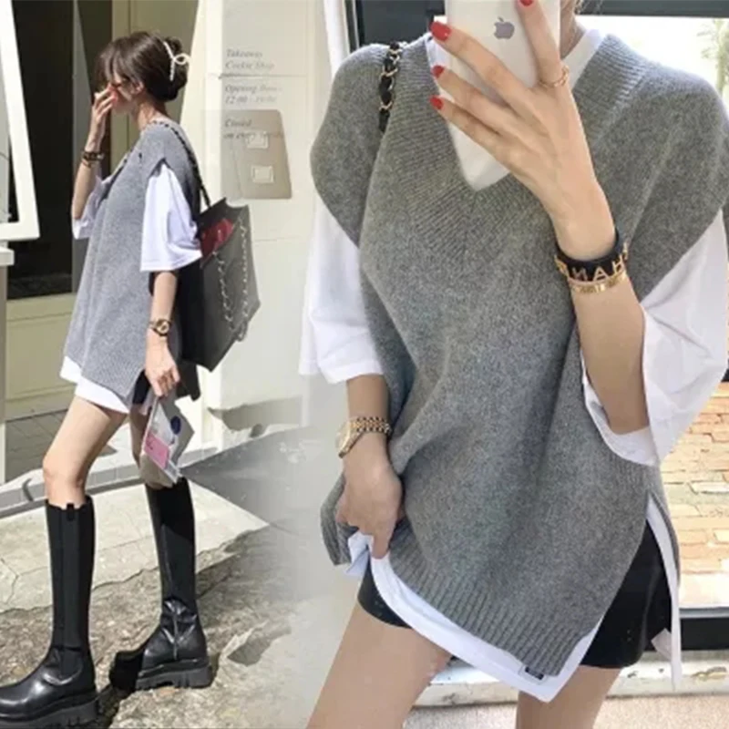 

Women's Thick V-Neck Knitted Vest, Korean Pullover, Solid, Loose, Gray, Black, Sleeveless, Casual Sweaters, Winter, Blogger