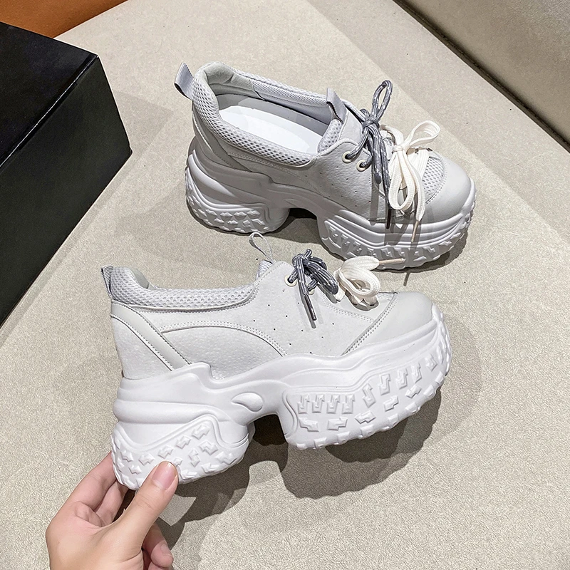 New Chunky Platform Sneakers Women Autumn Hidden Heels Breathable Leather Sports Shoes Woman Thick Bottom Vulcanize Shoes