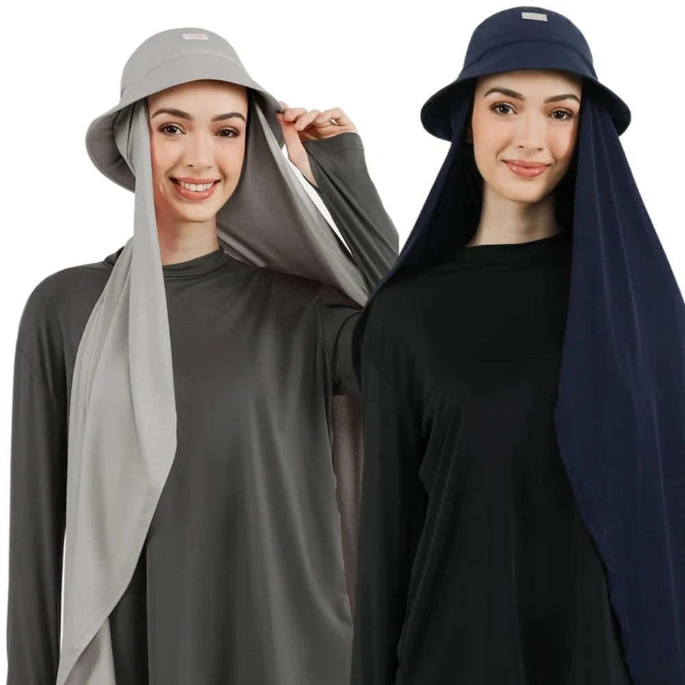 

New Muslim Women Bucket Hat With Chiffon Hijabs Summer Sports Cap With Turban Ready To Wear Instant Hijab Islam Headscarf