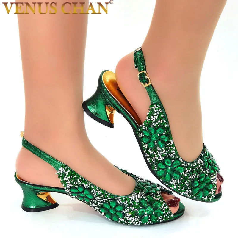 Green Color Party Shoes 2022 Newest Italian Design Floral Full