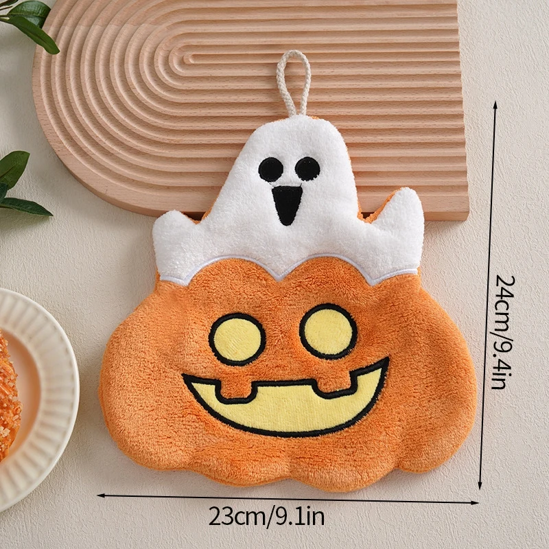 Black Cat Cartoon Hand Towel - Soft & Absorbent Coral Fleece for Kids - Halloween Pumpkin Design for Bathroom & Kitchen Use