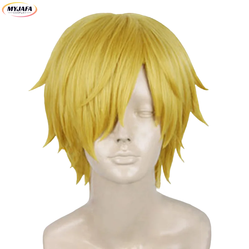 High Quality Anime One Piece Cosplay Wig Sanji Wig Short Straight Golden Yellow Heat Resistant Synthetic Hair Wigs + Wig Cap high quality sasuke uchiha cosplay wig short black heat resistant synthetic hair anime cosplay wigs wig cap