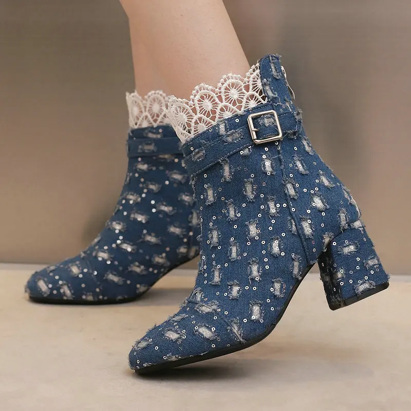 

Brushed Denim Jeans Blue Black Round Toe Lace Border Sweet Girls Winter Shoes Big Size 47 48 Chunky High Heels Ankle Boots Women