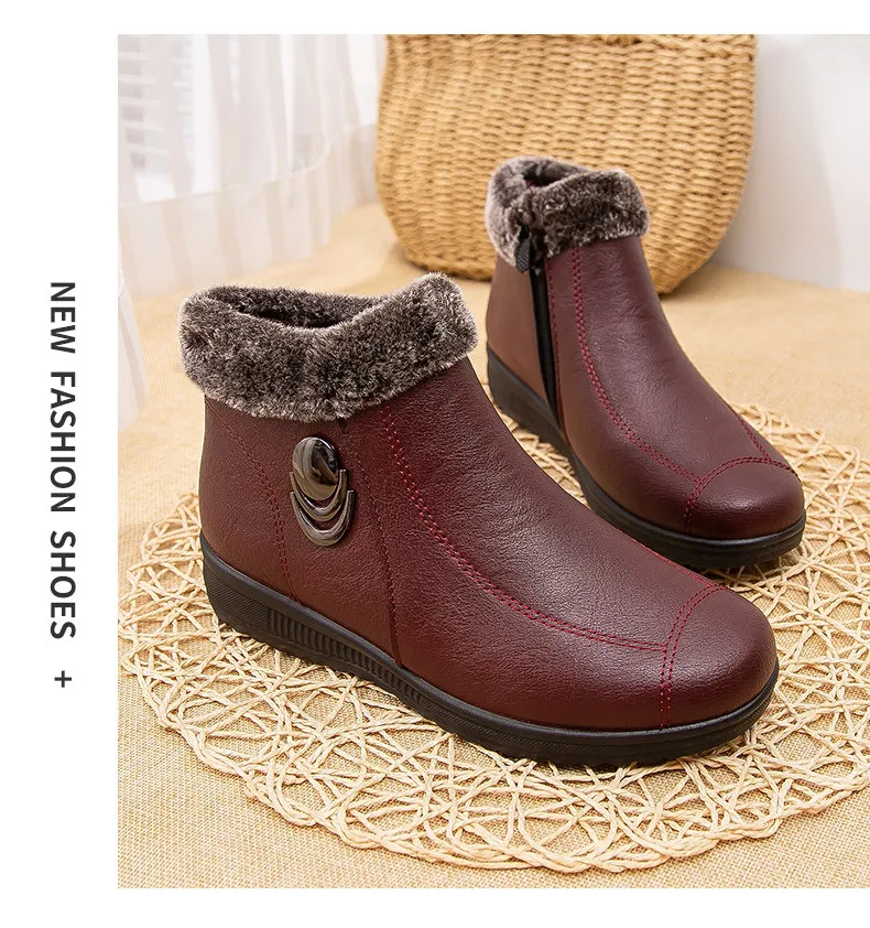 2025 Top Quality Mom Leather Ankle Boots Women Non-slip Winter Fur Snow Boots Female Wedge Oxford Sneakers Womens Winter Shoes