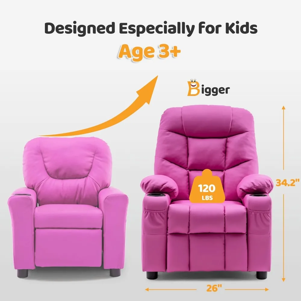 Big Kids Recliner for Ages 3+, Child Reclining Chair, Toddlers Recliner Sofa with Cup Holders 3
