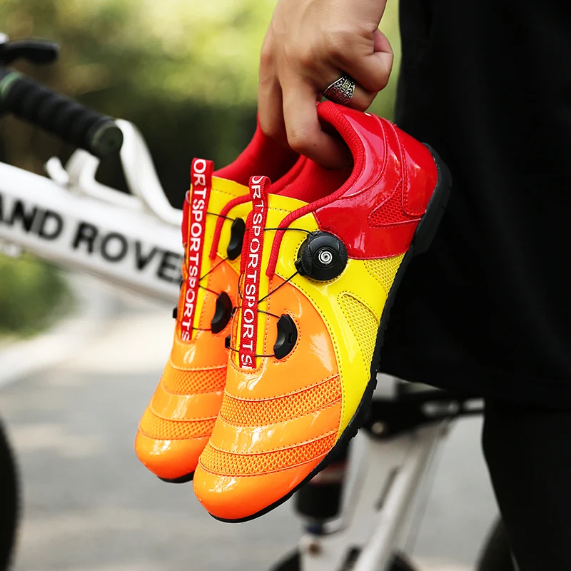 Stylish Colorful Unisex Outdoor Road Cycling Shoes Gold Orange Junior Bicycle Training Sneakers Breathable Women Riding Shoes