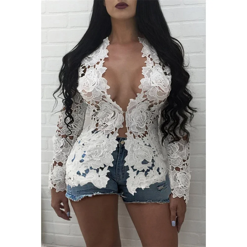 Blusa de encaje con cuello en V de manga larga de guipur blanco de talla grande