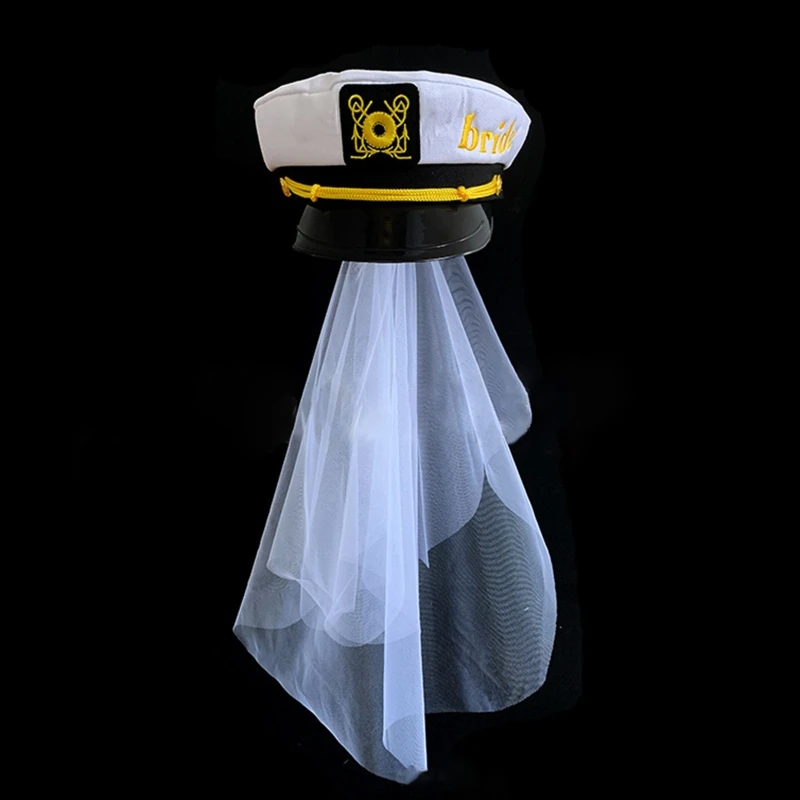 Sailor Captain Hat Veil Nautical Bachelorette Party Bridal Sailor Cap with Veil Embroidery Beach Ocean Boat Bride Gift