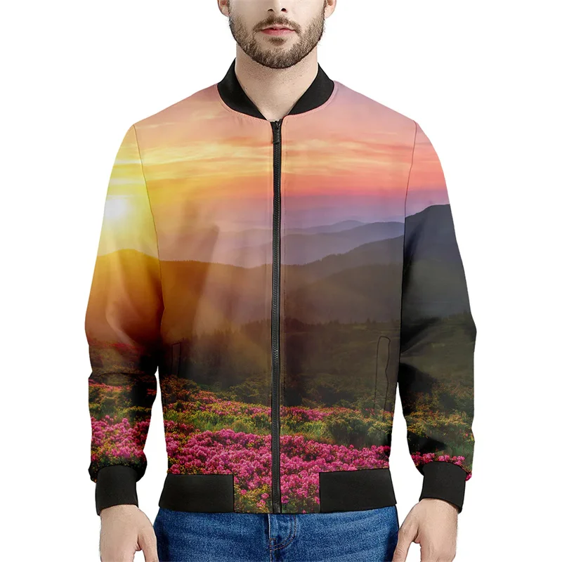 thumbnail image 1 of Chaqueta de montaña con estampado 3D de moda para hombre, sudadera de gran tamaño con patrón escénico natural, chaquetas de bombardero con cremallera y mangas largas, 1 of 5