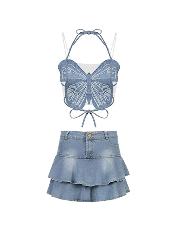 

Y2k Vintage Wash Blue Women Butterfly Suspender Vest Sexy Backless Tie Up Hot Girls Slim Halter Tank Tops 2000S Club Streetwear