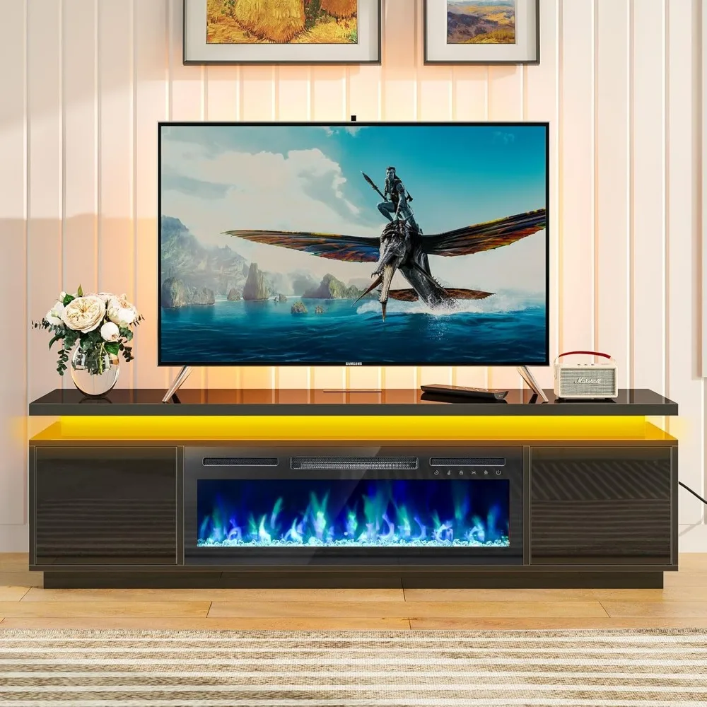 Fireplace TV Stand with Led Lights and Power Outlets, TV Stand Mount with 30" Electric Fireplace, Modern TV Console 6