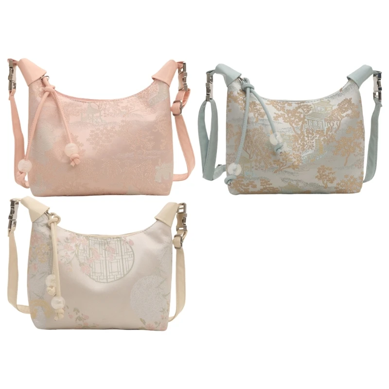 Elegant Chinese Weaving Fabric Shoulder Bag Nylon Traditional Pattern Vintage Crossbody Handbag Purse for Women