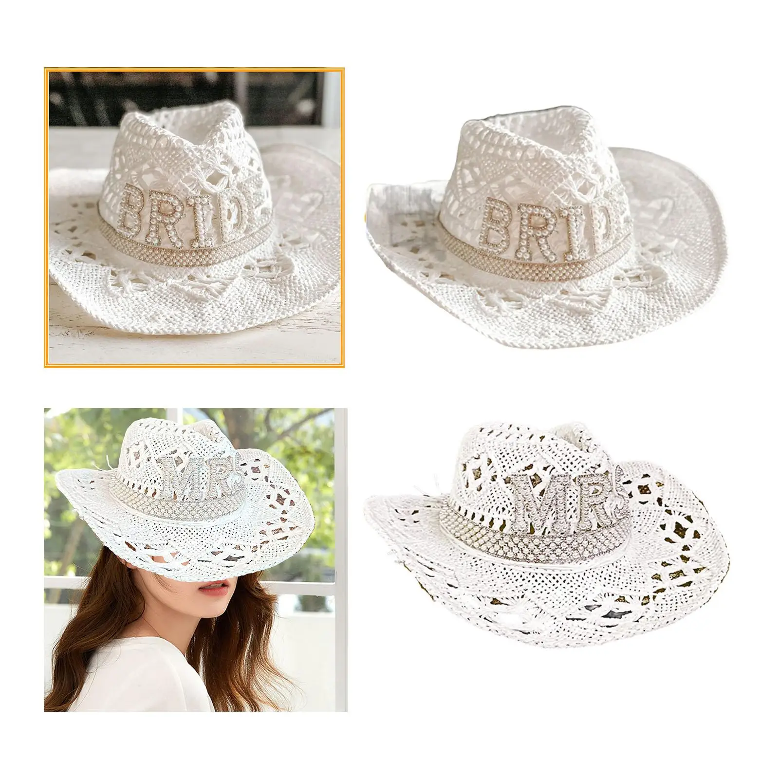 Western Style Cowgirl Hats Costume Sunhat Fancy White Adult Women Hat for Bridal