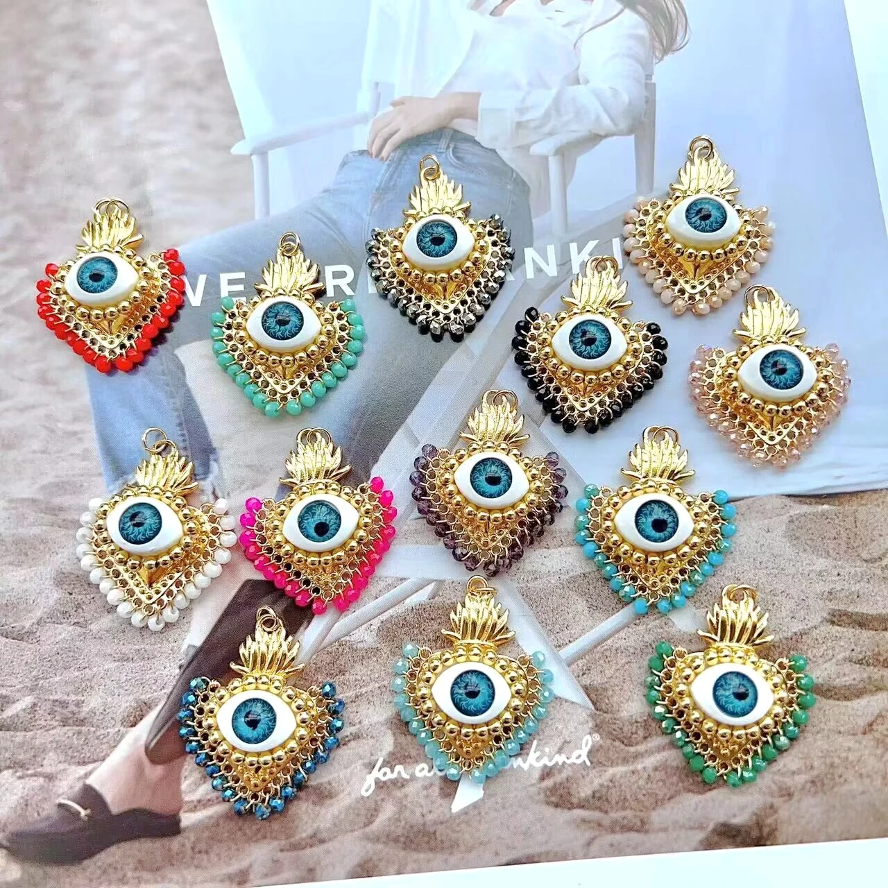 6Pcs2024BohemianCharmsHeartColorfulBeadsEyePendantsGoldPlatedTrendDIYHandmade