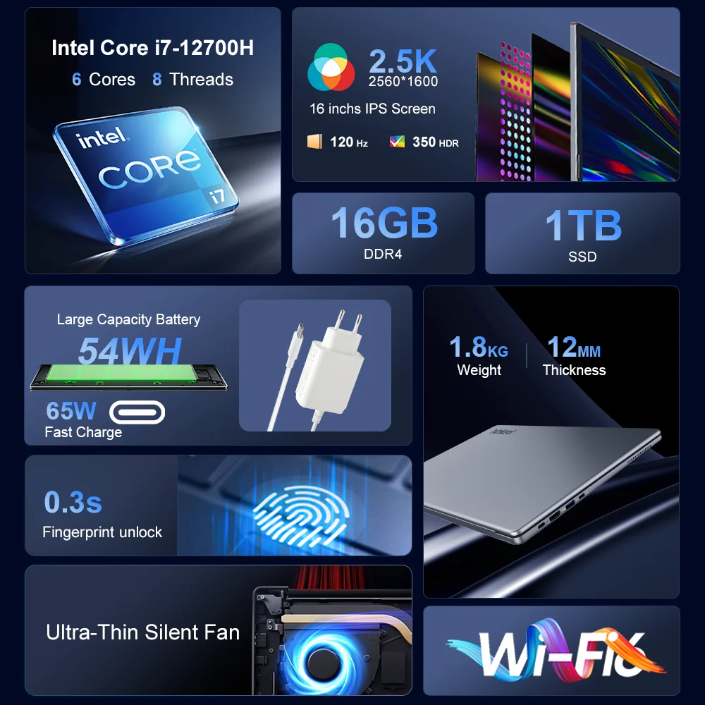Ninkear Laptop 16 inch 2.5K 120Hz Intel i7-12700H/AMD Ryzen 5 WiFi 6 16GB RAM 1TB SSD Laptop Windows 11 Notebook Office Computer - immagine 3