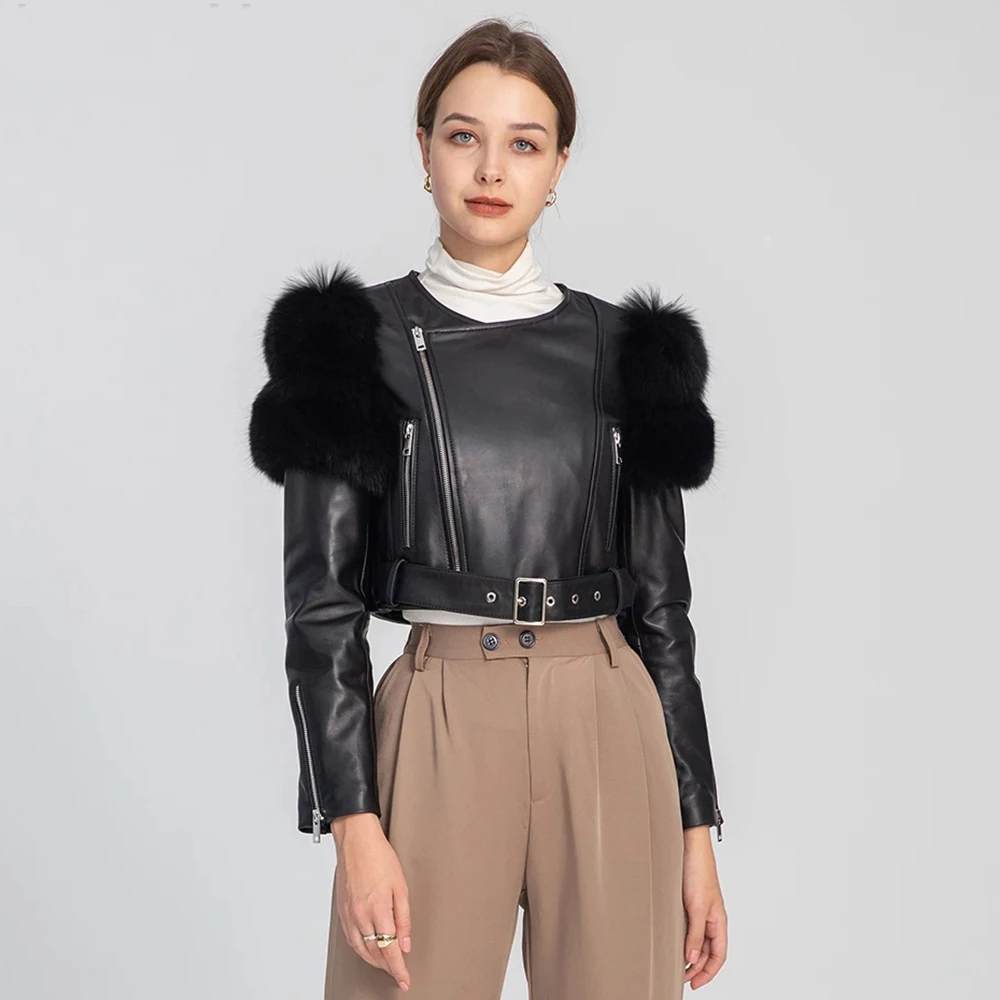 

Женская кожаная короткая куртка, укороченная куртка-бомбер из натурального Лисьего меха на плечах, с ремнем на молнии, шикарная уличная одежда 2023, 3626
