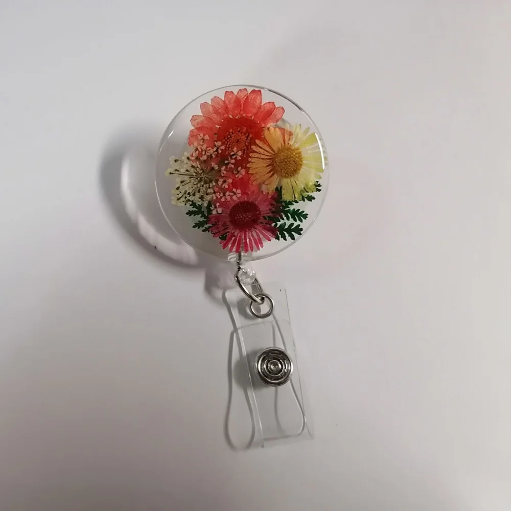 Pressed Flower Badge Reels Alligator Clip Badges Retractable