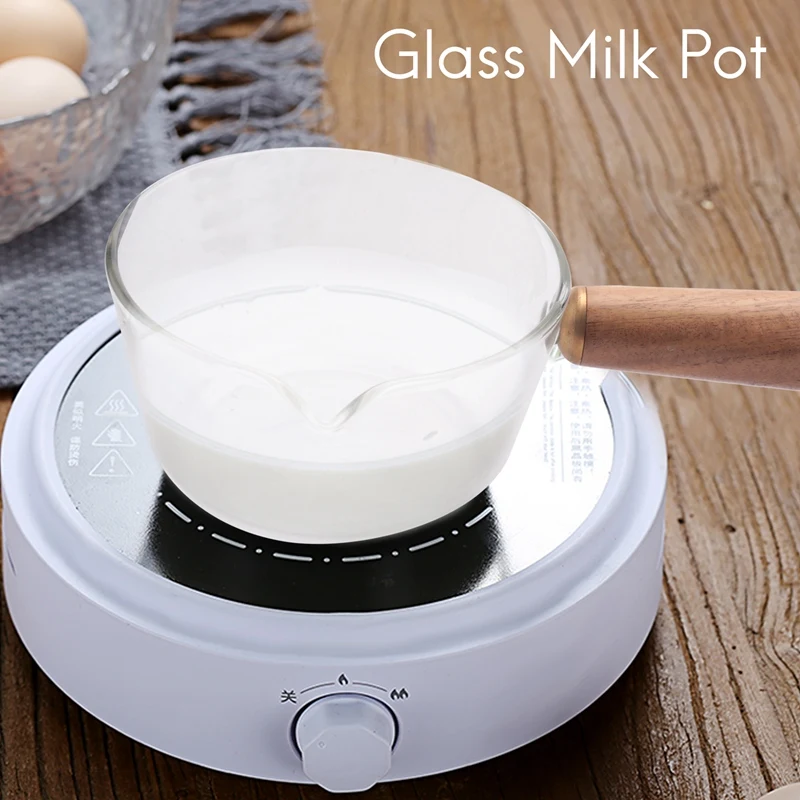 Glass Milk Pot With Wooden Handle 400Ml Cooking Pot For Salad Noodles Gas Stove Cookware