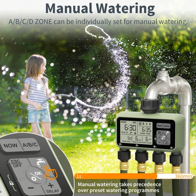 Diivoo Water Timer 4 Zone Garden Programmable Automatic Irrigation Timer with Rain Delay Manual/Auto Mode Watering for Lawn Yard 4
