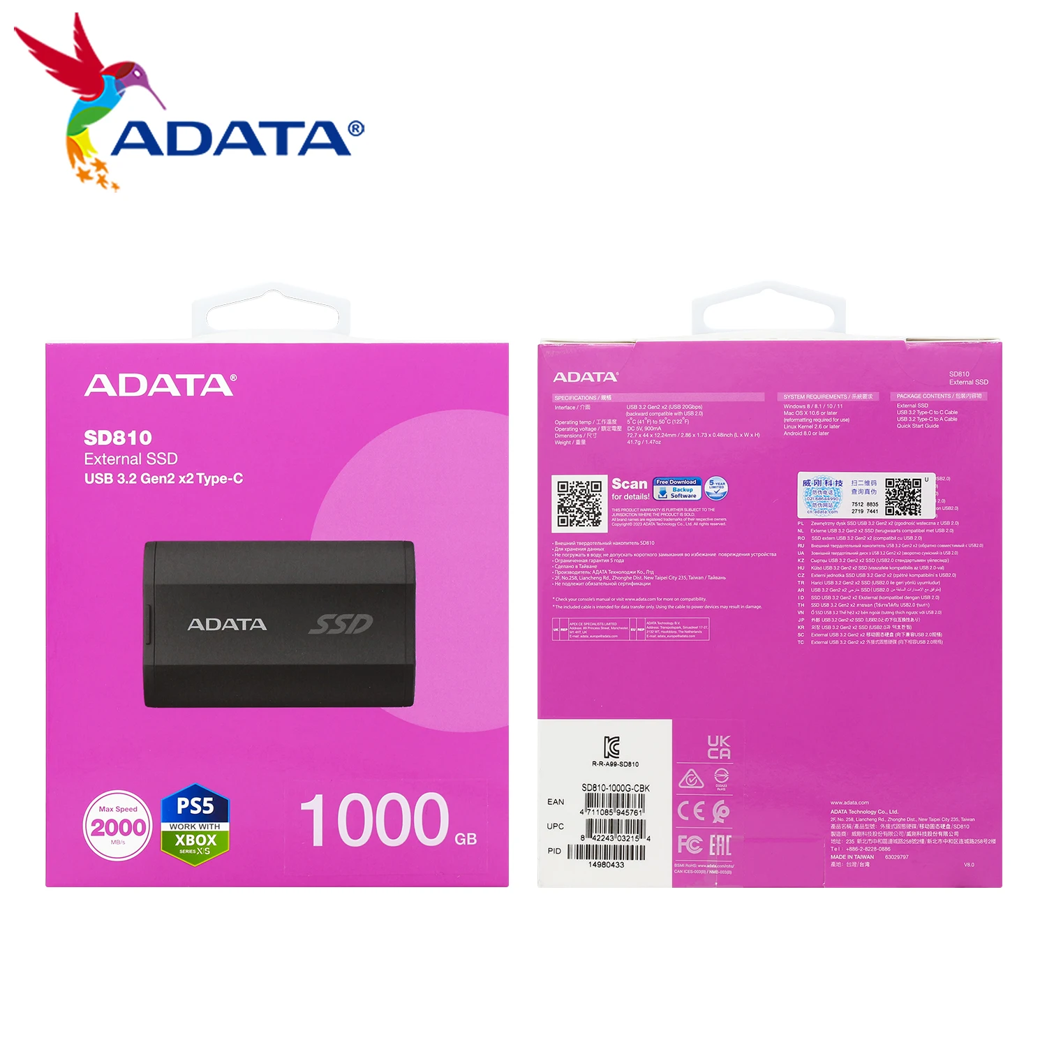 ADATA NVMe PSSD SD810 CŸ  SSD, ޴ ϵ ũ,  ָ Ʈ ̺, ִ 2000 Mb/s, 500GB, 1TB, 2TB, 4TB