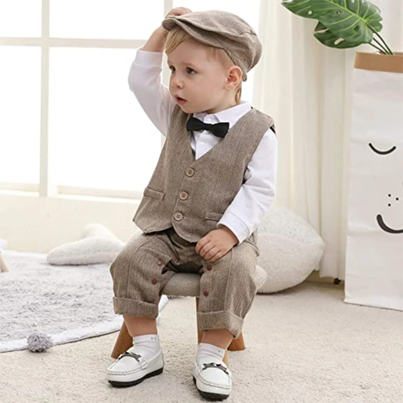 Yeni doğan çocuk resmi kıyafet seti bebek erkek beyefendi doğum günü Romper  kıyafeti şapka yelek uzun kollu bebek tulum resmi - AliExpress