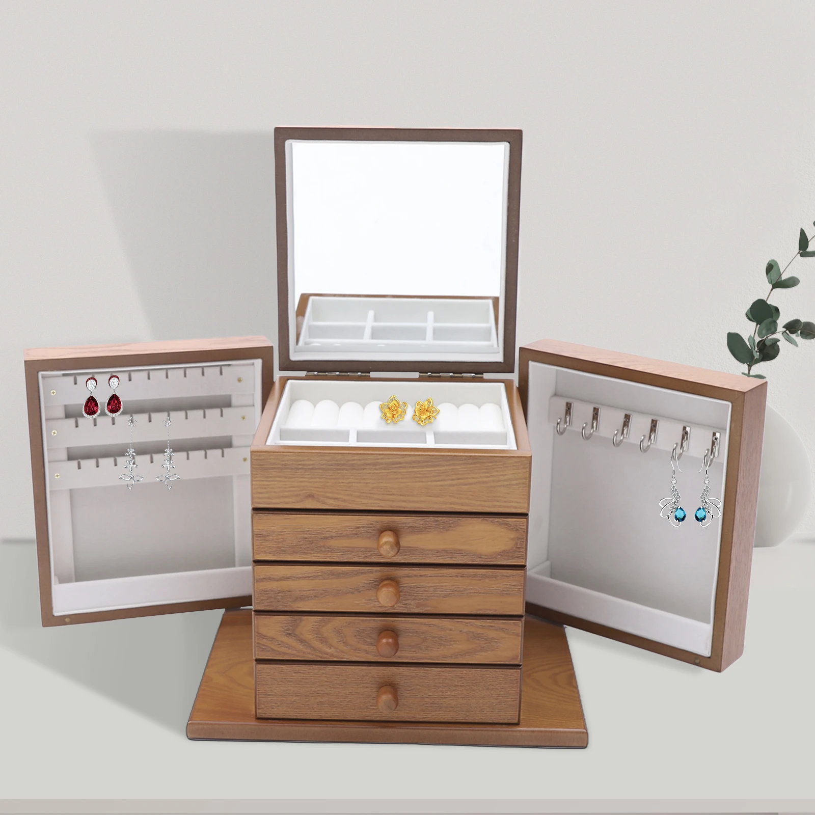 5-tier Wooden Jewelry Box w/ Drawers Mirror, Storage Box Large Capacity Organizer for Rings, Earrings, Necklaces, Bracelets