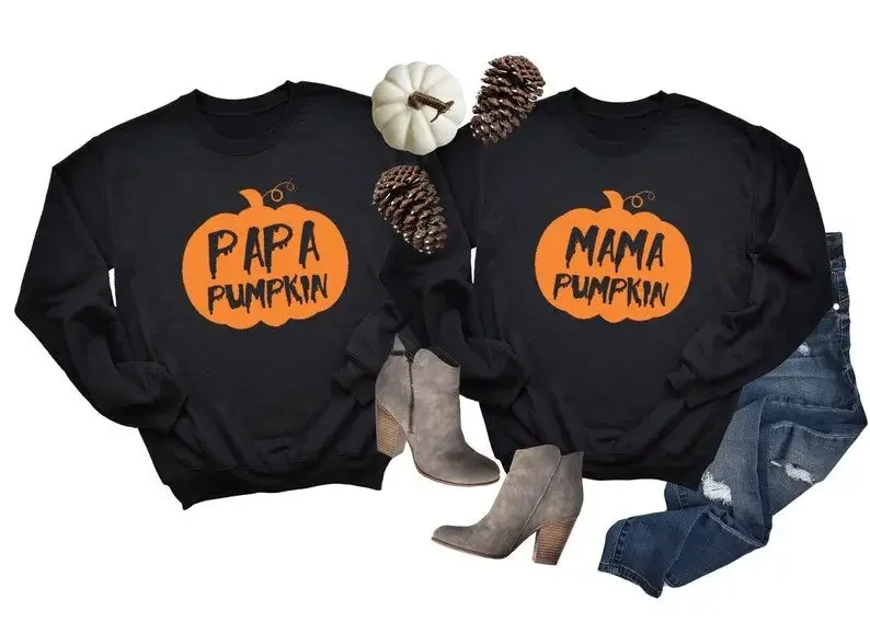 Pumpkin Sweatshirts Papa Mama Pumpkin, Halloween Party 100% cotton Crewneck, Unisex Long Sleeve Tops Shirts Casual Drop Shipping